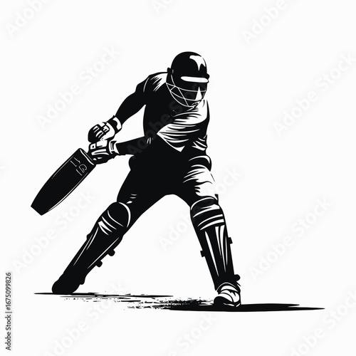 Dramatic cricket batsman ready to strike a ball in stark silhouette