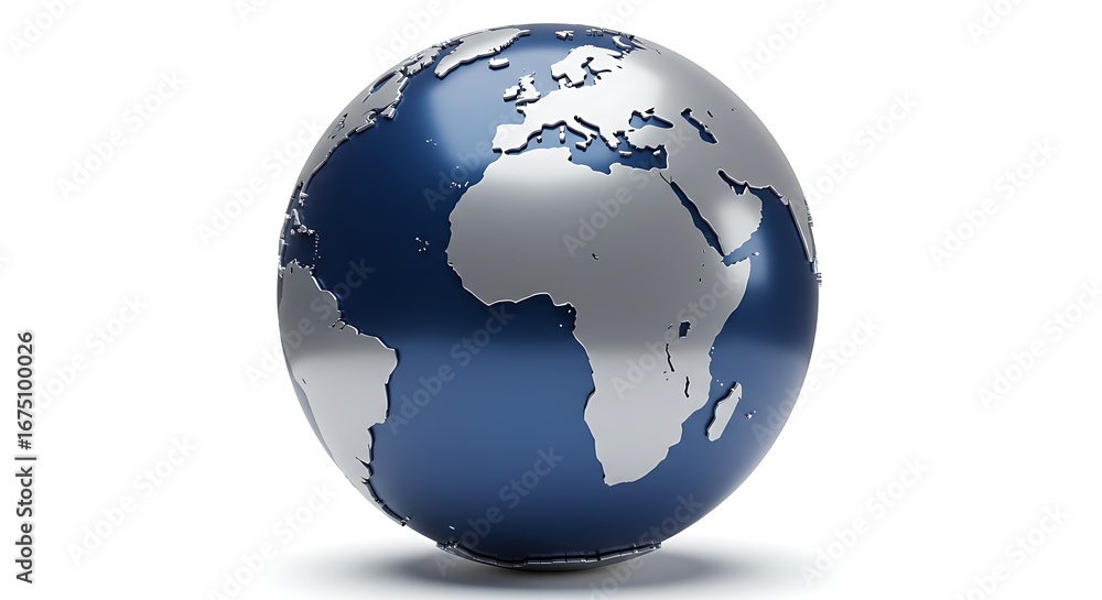 Naklejka premium Detailed 3D Earth Globe Model with Silver-Gray Continents and Blue Oceans