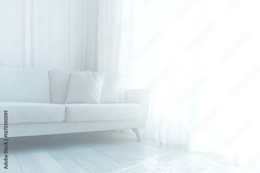 Fototapeta premium Modern Minimalist Living Room with White Sofa and Bright Natural Light Streaming In