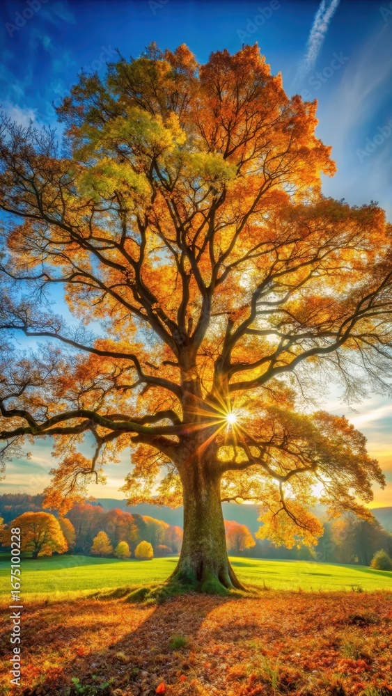 Fototapeta premium A lone oak tree stands tall amidst a blanket of vibrant autumn leaves