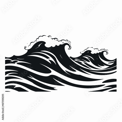 Dynamic ocean water crashing waves, turbulent seas monochrome black water silhouette