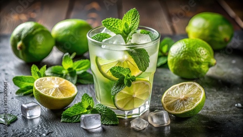 Freshly squeezed lime juice with crushed peppermint leaves and ice cubes in a glass