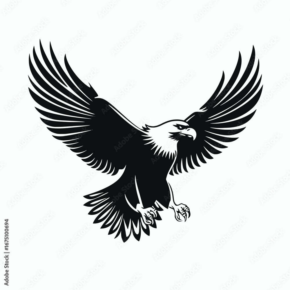 Obraz premium Majestic eagle with outstretched wings in strong black and white vector silhouette