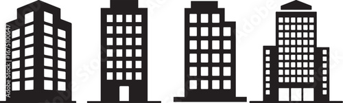 City building vector illustration set showing modern office towers, corporate skyscrapers, and urban architecture, symbolizing business real estate, downtown skyline, and metropolitan development