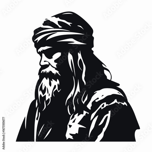 Mystical Arabian sage with turban and beard in monochrome vector silhouette
