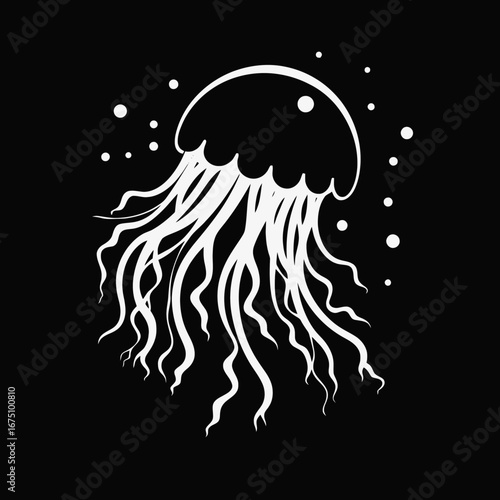 Graceful white jellyfish with bubbles in the deep ocean black silhouette