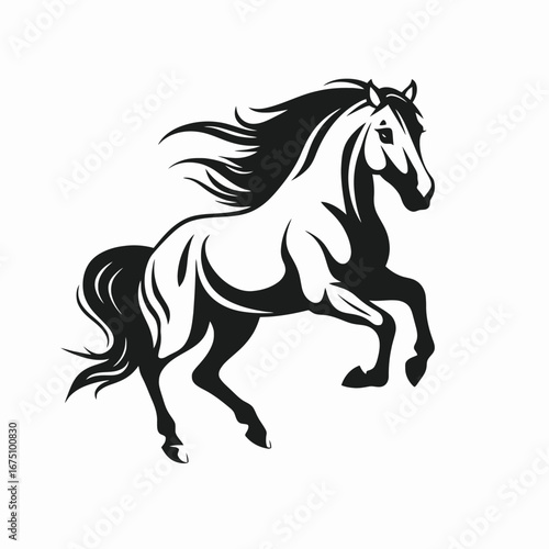 Powerful black horse rearing up on its hind legs in silhouette