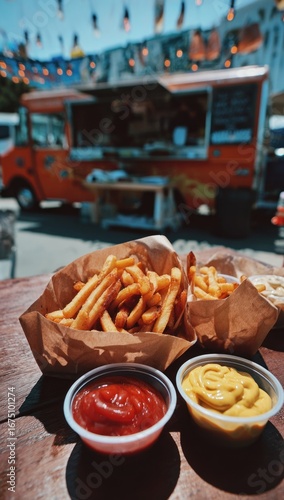 French fries and sauces on a table