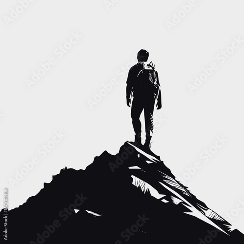 Lone mountaineer ascends mountain, a bold and beautiful monochromatic artistic silhouette