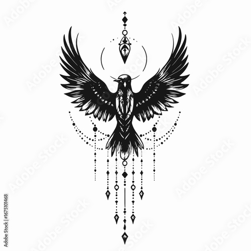 Geometric bird design with beads and jewels creates magical creature silhouette