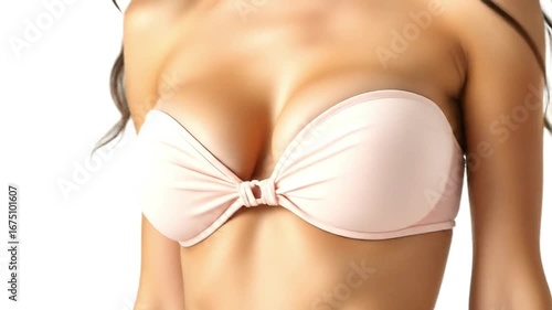 Woman in a pink strapless bikini top with a bow knot in the center