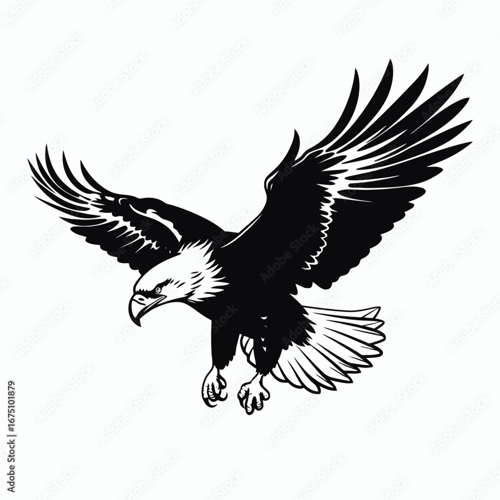 Fototapeta premium Majestic eagle soaring powerfully across the sky black and white silhouette