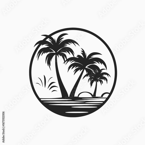 Tropical paradise island palms reflected with the oceanside peaceful serene vector silhouette