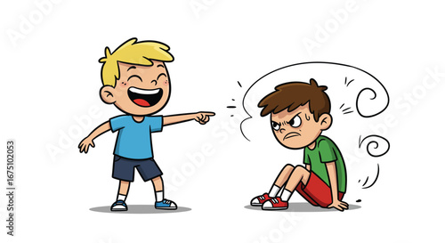 Cartoon Illustration of a Boy Laughing and Pointing at an Angry Friend
