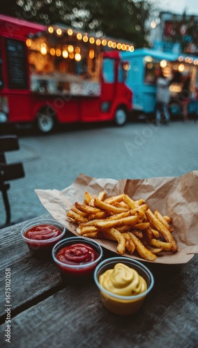 French fries with sauces on a wooden table outside food trucks