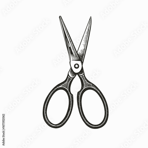 Etched vintage open scissors illustration on white background, sharp clean cut silhouette