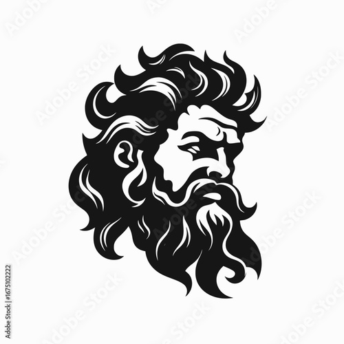 Powerful godlike man portrait with flowing hair and beard style silhouette