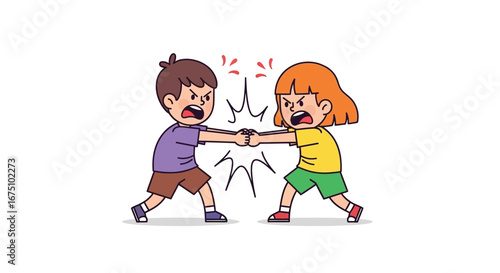Cartoon Vector Illustration of Boy and Girl Arguing and Fighting
