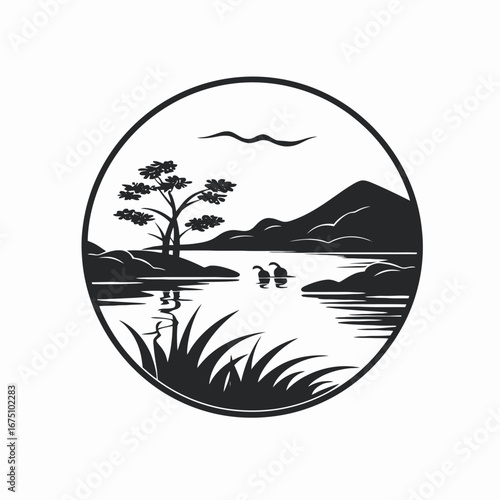 Serene lakeside scene encapsulating nature's beauty in vector format silhouette