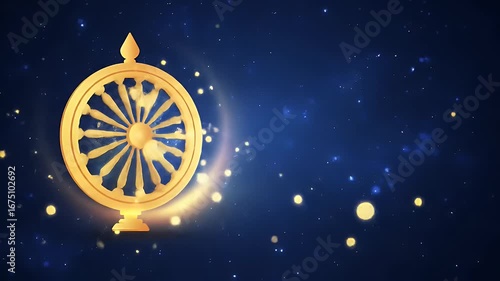 Abstract Vishnu festival banner, glowing Sudarshana Chakra spinning softly, golden spark particles drifting, deep cosmic blue background