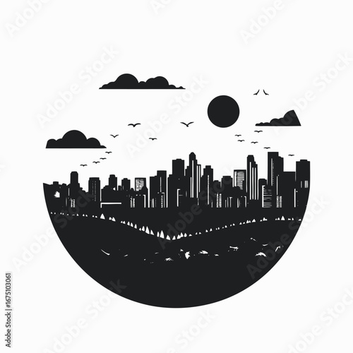 Vector cityscape at dusk with flying birds above in graphic silhouette