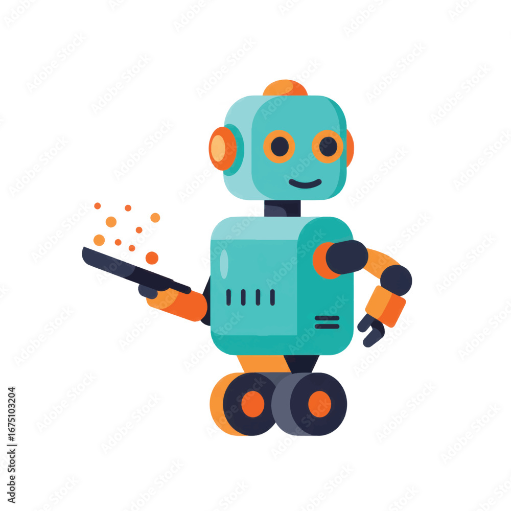 Fototapeta premium A friendly smiling teal and orange robot on wheels holding a device emitting signals.