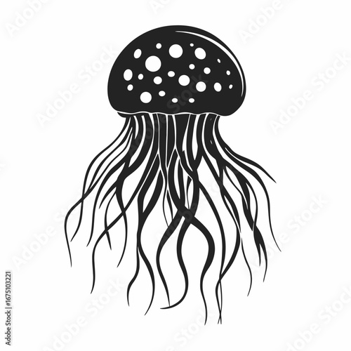 Darkly patterned jellyfish with trailing tentacles a graphic simple silhouette