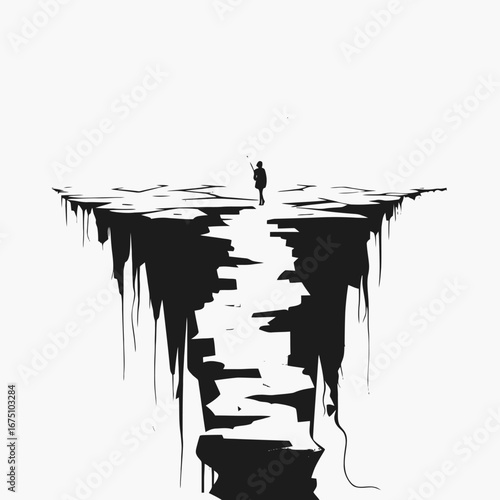Solitary figure contemplates precarious chasm edge, rendered in striking black and white silhouette