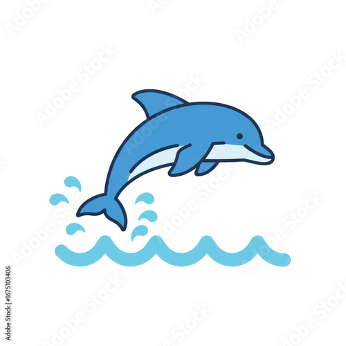 A cheerful blue cartoon dolphin with a dark outline leaping joyfully from stylized water waves and splashes.
