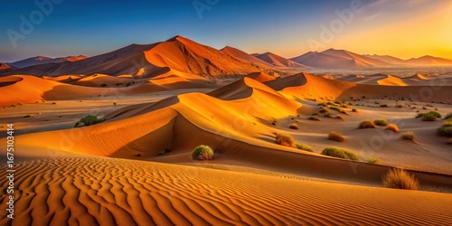 Fototapeta Naklejka Na Ścianę i Meble -  Sandy dunes with orange hues at sunset in Namib Desert landscape