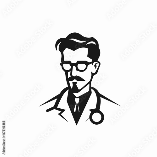 Modern black and white doctor wearing glasses and lab coat silhouette