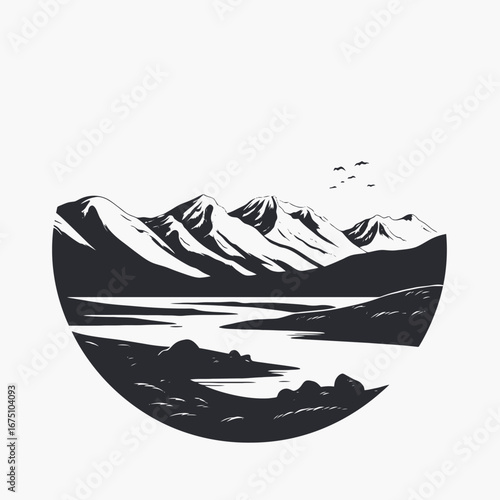 Peaceful mountain scene with lake and birds monochrome vector design silhouette