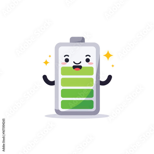 A cheerful cartoon battery character with a happy kawaii face rosy cheeks and a green charge level indicator sparkling with energy.