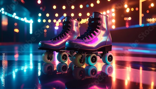 Dazzling retro roller skates illuminated by a vibrant cascade of neon lights, casting colorful reflections on a slick floor, perfect for a night of energetic fun