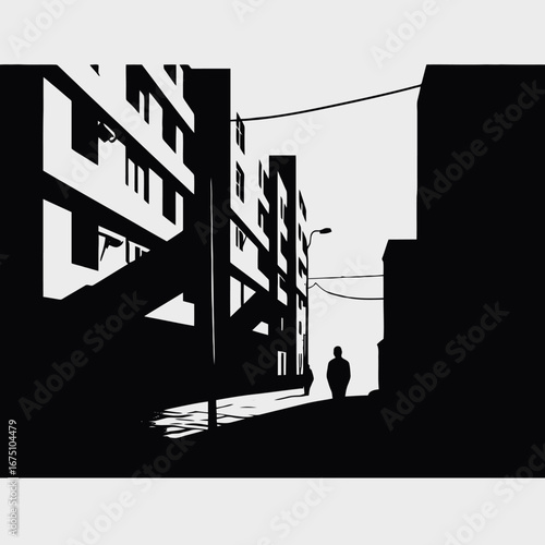 Urban loneliness: Anonymous figure walking on the street in a black silhouette