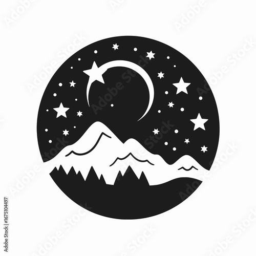 Majestic mountains meet cosmic wonder, captured in captivating monochromatic night silhouette