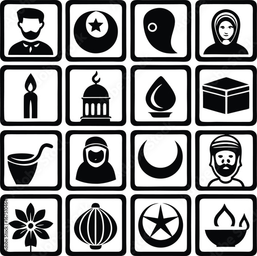 Islamic cultural symbols and religious icons collection representing faith and heritage in a grid layout for digital applications
