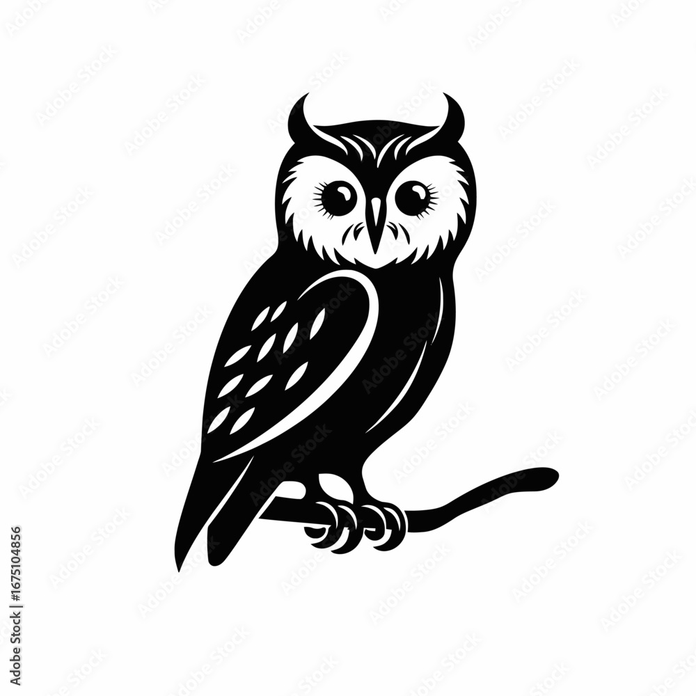 Obraz premium Majestic great horned owl perched on branch, shown in black silhouette