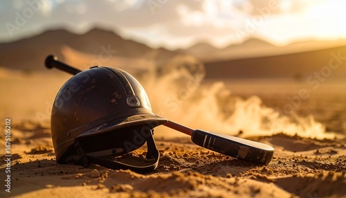 Lost Equestrian Polo Helmet and Mallet in Desert Sand
