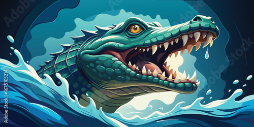 Fierce green alligator emerging from blue water with mouth open