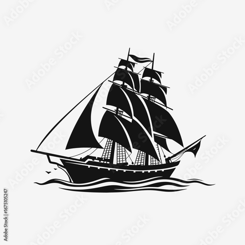 Majestic three masted sailing ship, black and white maritime vessel silhouette