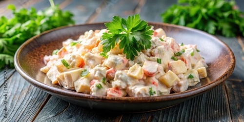 Creamy Russian salad on a speckled plate with fresh parsley garnish