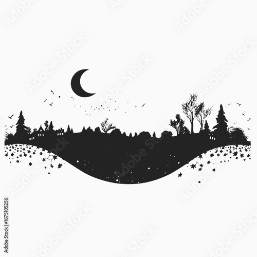 Dreamy crescent moon casts ethereal light over peaceful town horizon silhouette