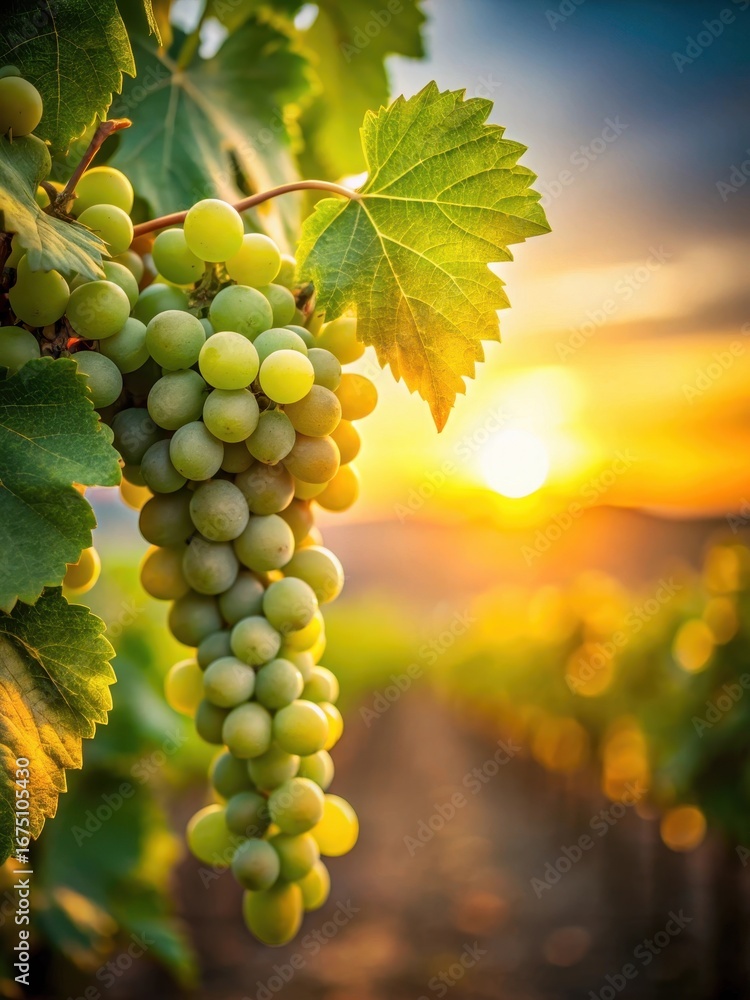 Fototapeta premium close-up view of a lush green grape cluster on a vine in a vineyard at sunset with warm golden light