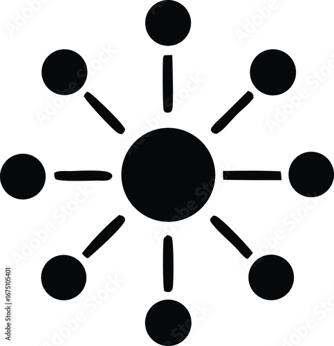 Abstract circular network connection symbol with central hub and outer nodes representing data flow and relationships