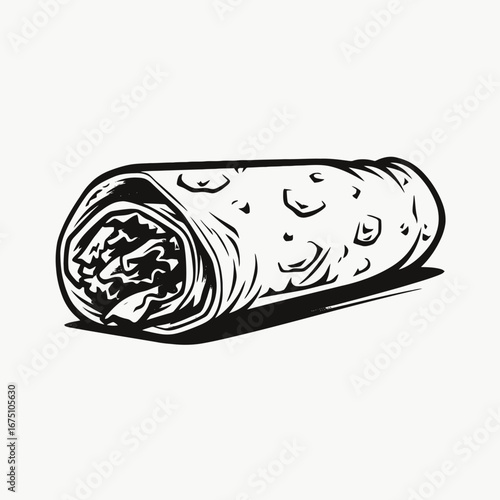 Tasty black and white burrito wrap, traditional Mexican food silhouette