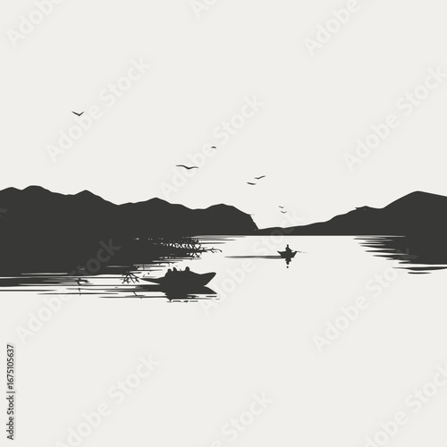 Serene lake landscape with boating, mountains and birds in stark silhouette