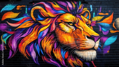 Colorful Graffiti Lion Mural on Brick Wall