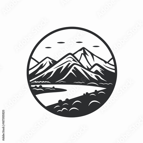 Striking mountain range meeting serene lake, encapsulated in circular design silhouette