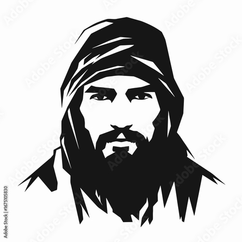 Mysterious hooded figure with beard staring intently, artistic vector silhouette